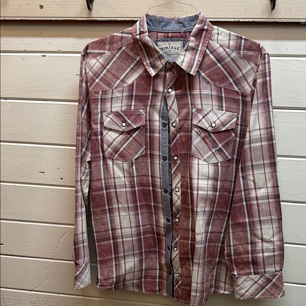 BKE Vintage Burgundy and White Plaid Men's Shirt